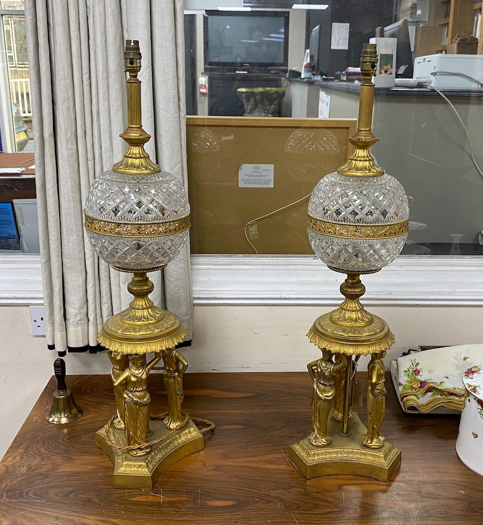 A pair of Victorian style gilt metal and glass table lamps with classical female figural bases,