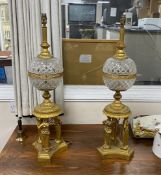 A pair of Victorian style gilt metal and glass table lamps with classical female figural bases,