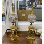 A pair of Victorian style gilt metal and glass table lamps with classical female figural bases,