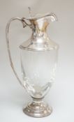 A modern silver mounted glass urn shaped claret jug, on pedestal foot, J A Campbell, London, 1981,