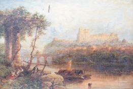 19th century English School, oil on canvas, River landscape with hilltop castle, 35 x 52cm