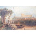 19th century English School, oil on canvas, River landscape with hilltop castle, 35 x 52cm