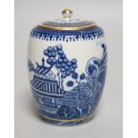 An 18th century Caughley tea canister and cover printed with Willow Nankin pattern,12.5cms high