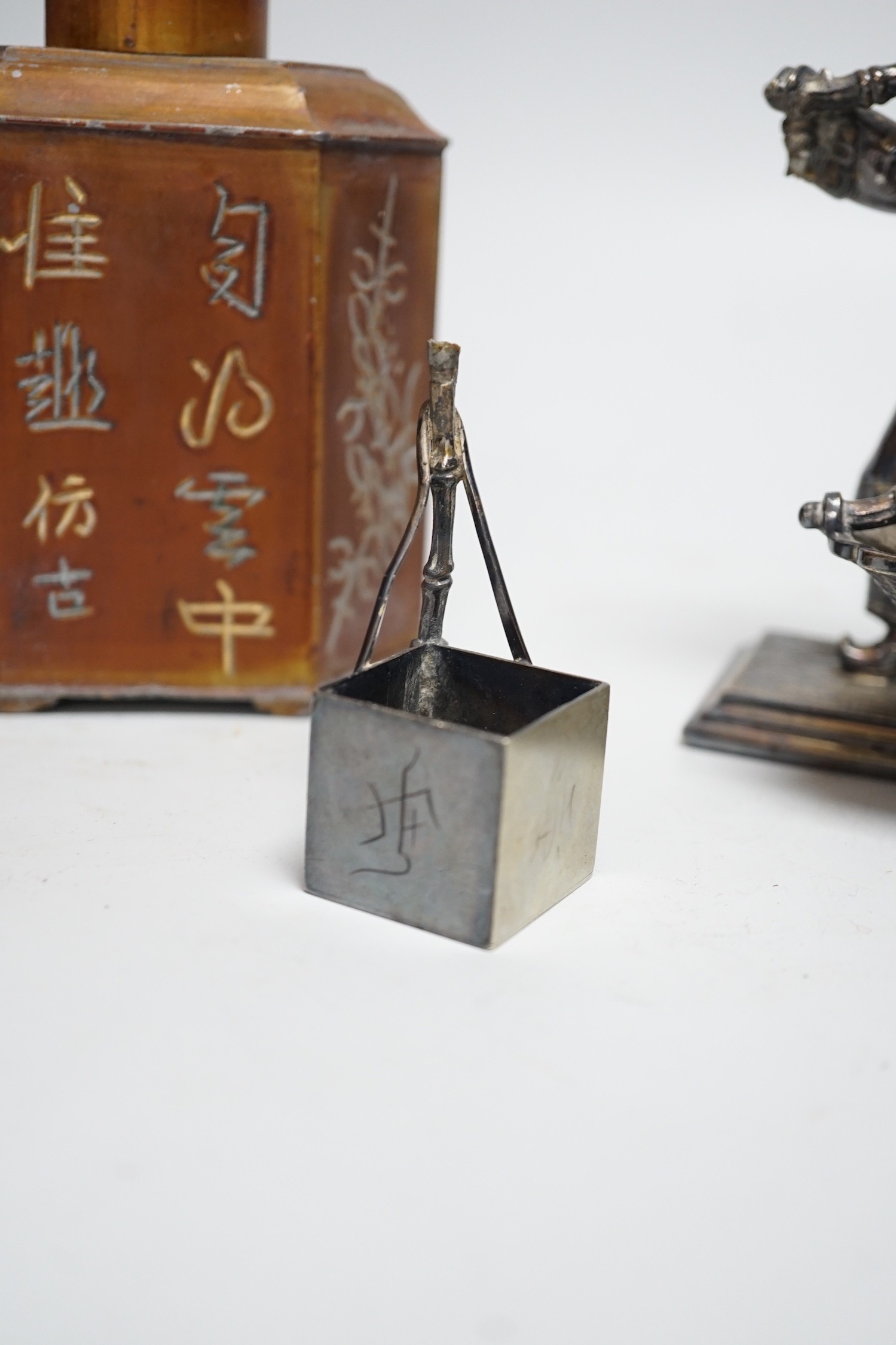 A Chinese pewter tea caddy and a Victorian plated figure of a Chinese basket seller, 16cm - Image 2 of 6