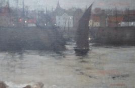 David Muirhead RA (1867-1930) oil on canvas, Harbour at nightfall, signed, 30 x 45cm