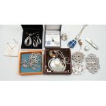 Mixed silver and white metal jewellery including a modern silver nurses buckle, an early 20th
