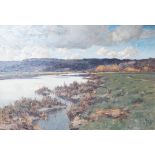 José Weiss (1859-1919), oil on wooden panel, River landscape, signed, 32 x 46cm