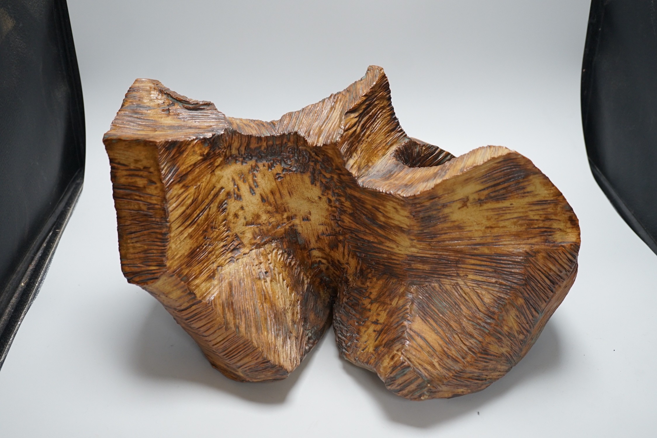 Ruth Sulke - a studio pottery copper-glaze abstract sculpture of a simulated hewn and chisled log, - Image 2 of 4