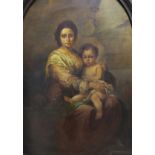 Italian School, oil on wooden panel, Portrait of a seated mother and child, arched, 150 x 110cm