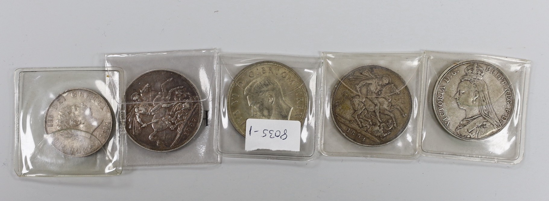 British coins, silver, George III half crown 1817, VF, Victoria Crown 1887, VF, 1889 & 1894 crowns - Image 2 of 2