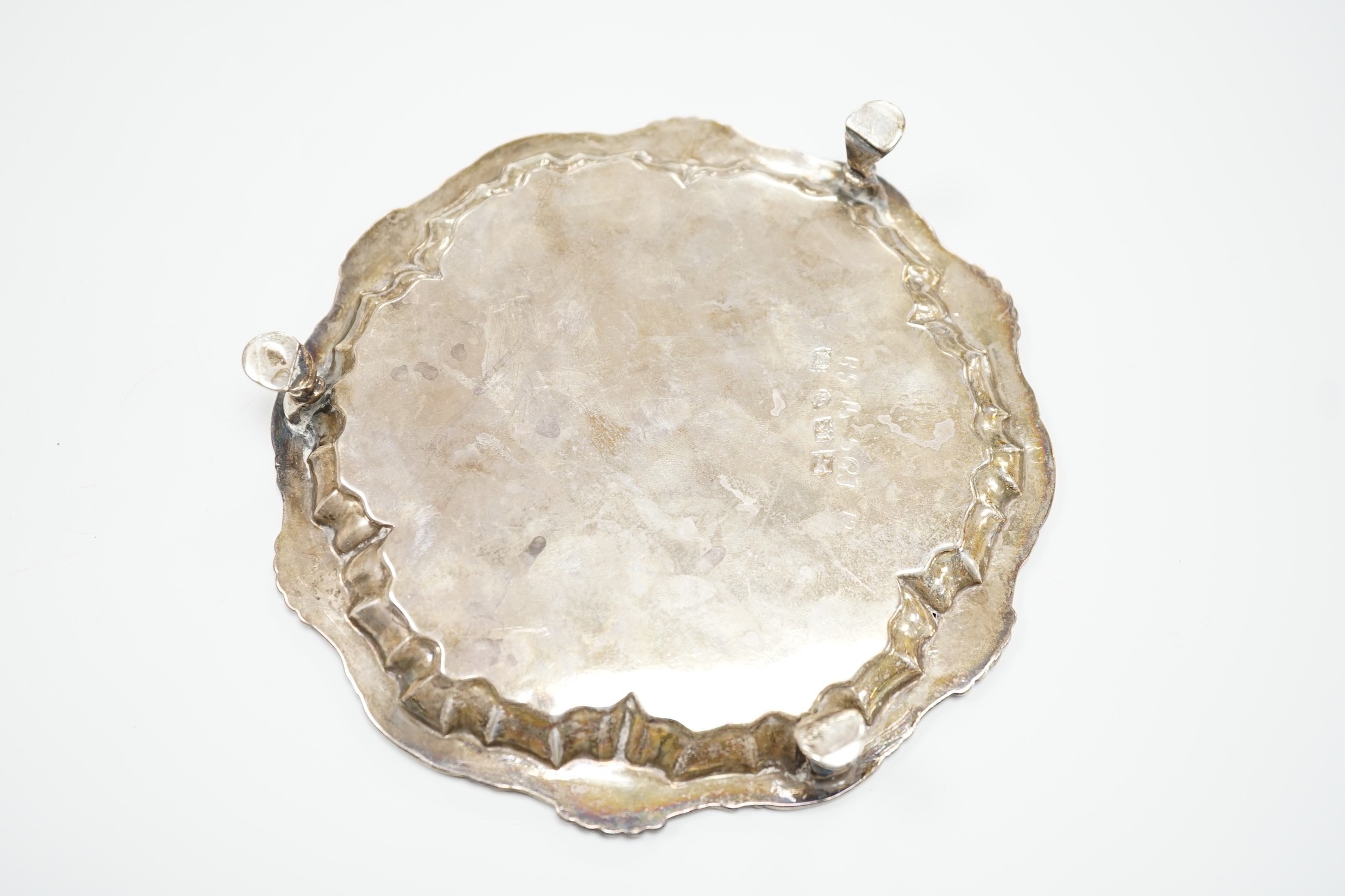 A George II silver waiter, William Peaston, London, 1745, with shell, scroll border, on three hoof - Image 3 of 4