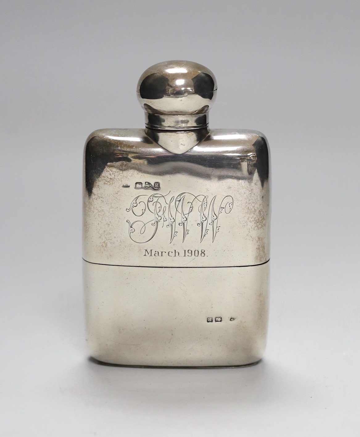 A late Victorian silver hip flask, engraved with date and initials, William Neale & Sons, Chester,