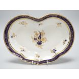 An 18th century Caughley kidney shaped dish with blue and gilt decoration, 28cms wide