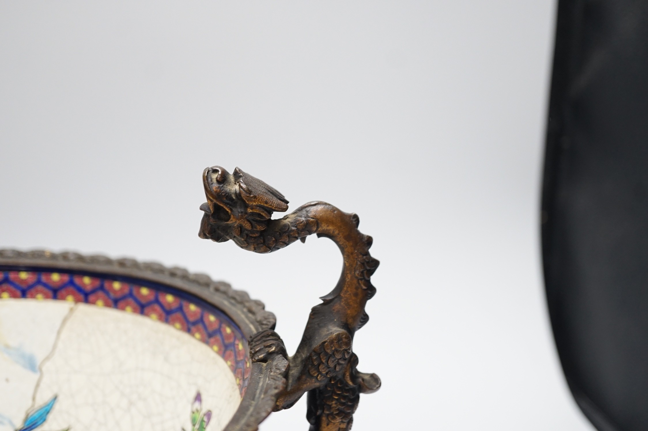 A 19th century French Longwy style ormolu mounted faience bowl on ornate dragon design stand, 23cm - Image 5 of 5