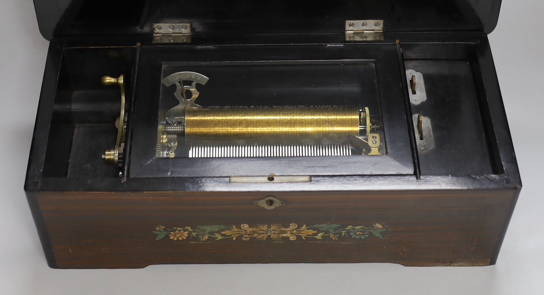 A late 19th century Swiss rosewood and marquetry cased cylinder music box, playing six airs, lacking - Image 2 of 4