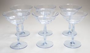 A set of six lilac Art Deco glass champagne bowls, 15cms high