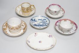 A Worcester blue and white saucer and 18th century porcelain tea wares