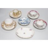 A Worcester blue and white saucer and 18th century porcelain tea wares