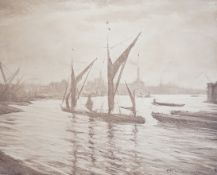 Christopher Richard Wynne Nevinson (1889-1946), lithograph, Sail barges on the Thames, signed in