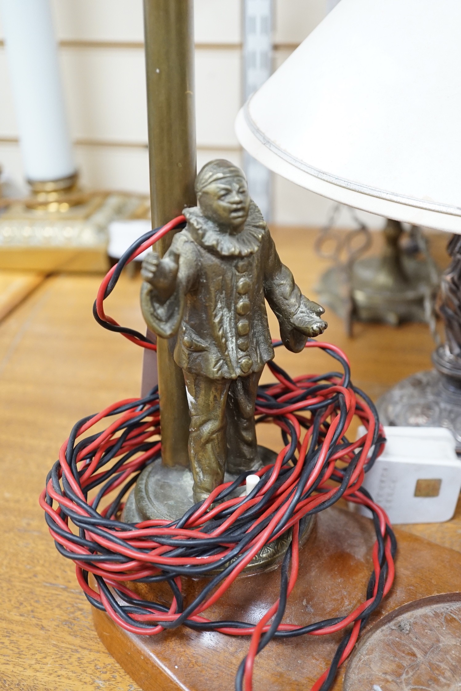 A Sheffield plated figural table lamp, a brass figural ‘Pierrot’ table lamp and An Eastern brass - Image 2 of 3