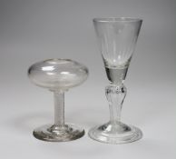 An 18th century glass oil lamp with a Silesian stemmed wine glass, tallest 13.5cm