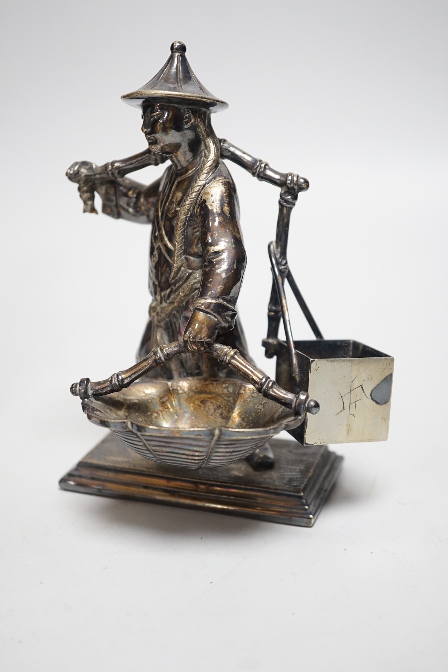 A Chinese pewter tea caddy and a Victorian plated figure of a Chinese basket seller, 16cm - Image 3 of 6