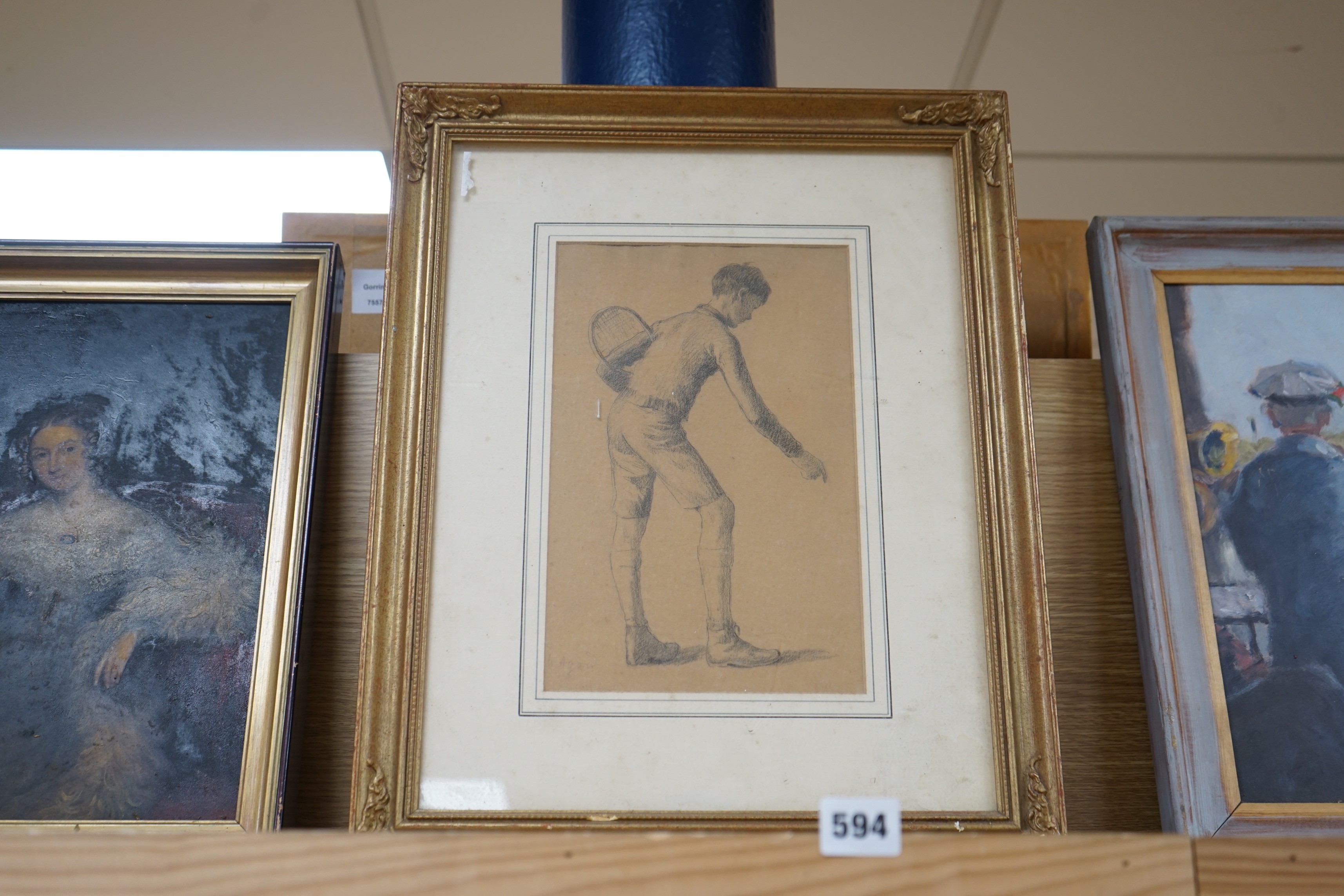 Charles Jean Agard (1866-1950), pencil on paper, Sketch of a boy tennis player, signed, 28 x 17cm - Image 2 of 2