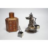 A Chinese pewter tea caddy and a Victorian plated figure of a Chinese basket seller, 16cm