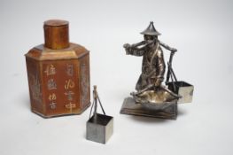 A Chinese pewter tea caddy and a Victorian plated figure of a Chinese basket seller, 16cm