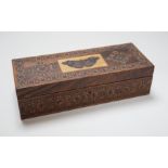 A Tunbridge ware rosewood half square mosaic and butterfly mosaic glove box, c.1830-50, 24cms wide x