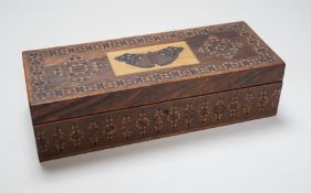 A Tunbridge ware rosewood half square mosaic and butterfly mosaic glove box, c.1830-50, 24cms wide x