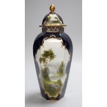 A Royal Worcester landscape painted hexagonal vase and cover signed ‘R.Rushlow’? 24cm