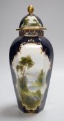 A Royal Worcester landscape painted hexagonal vase and cover signed ‘R.Rushlow’? 24cm