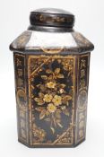A 19th century toleware octagonal tea canister, J. Newman, Dublin, painted with flowers and