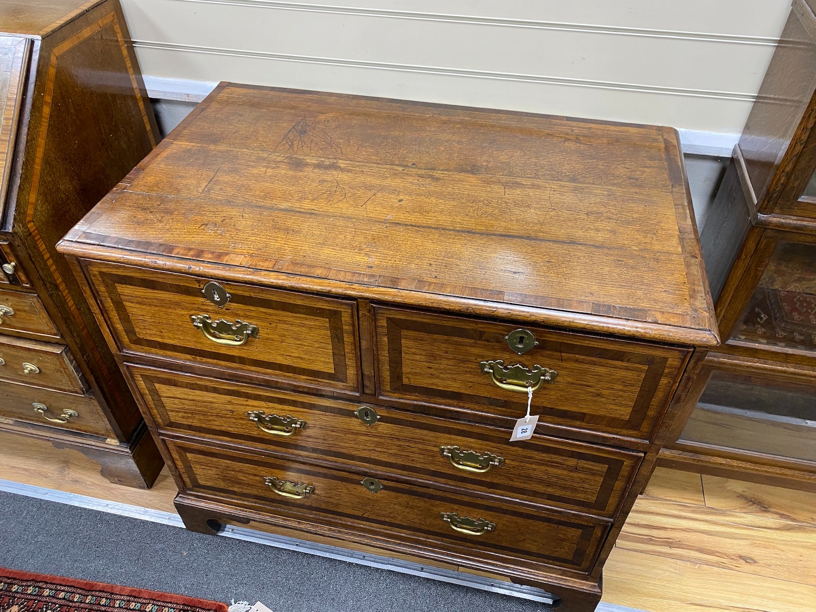 An 18th century mahogany banded oak four drawer chest, width 95cm, depth 57cm, height 88cm - Image 2 of 2