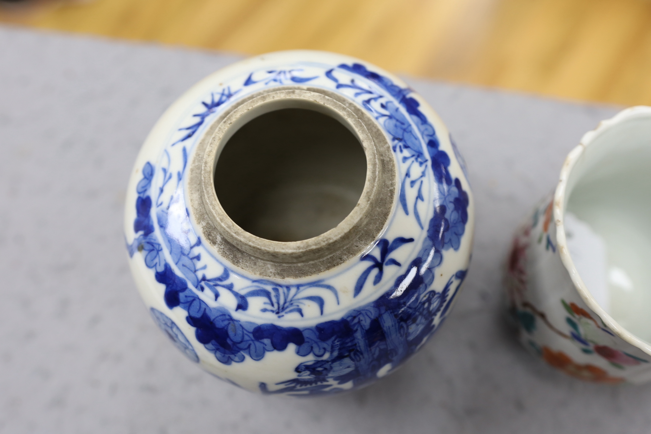 A Chinese blue and white jar and cover, Kangxi mark late 19th century and an 18th century Chinese - Image 6 of 7