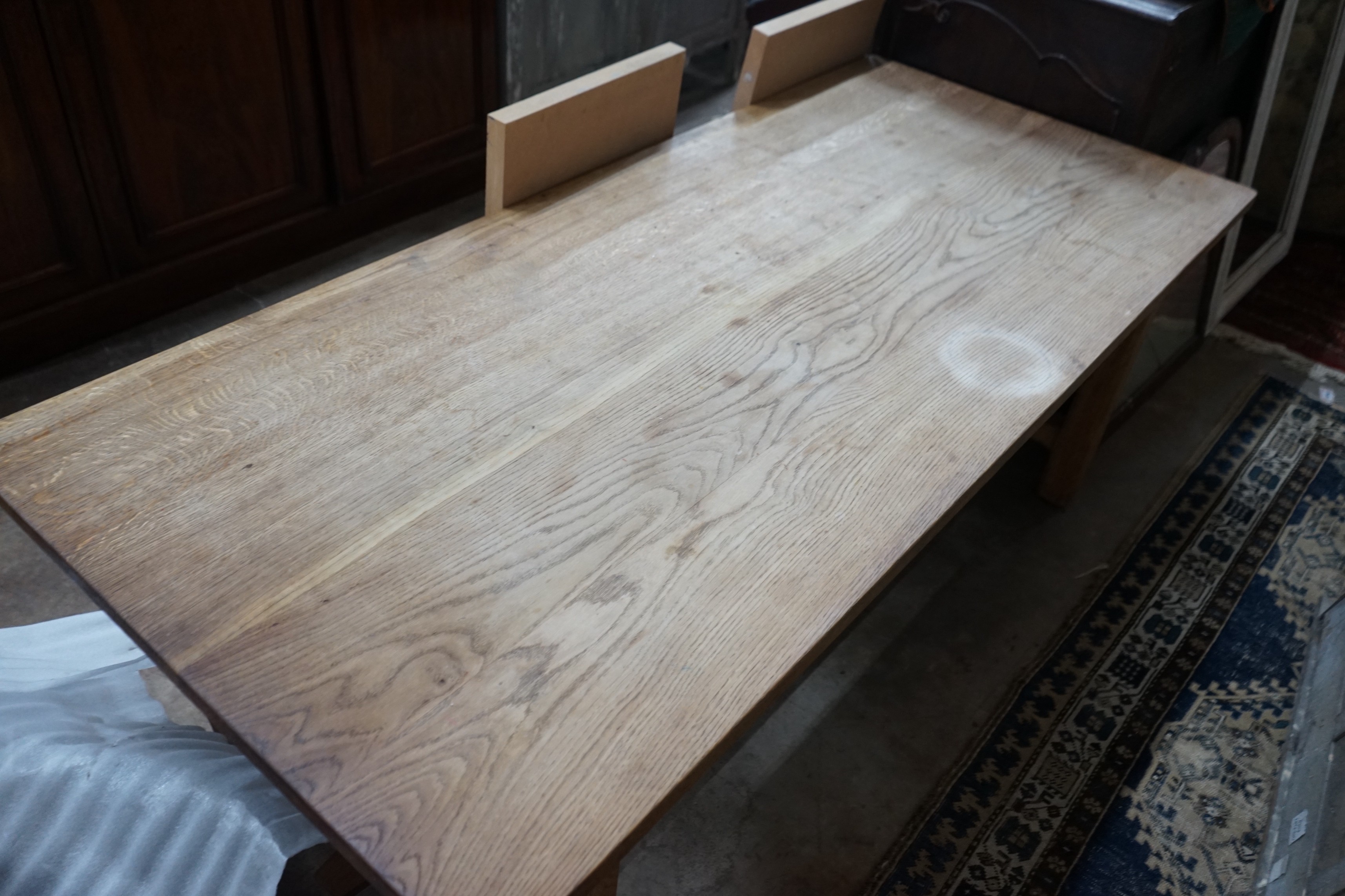 A rectangular oak refectory dining table with later end sections, length 202cm, depth 89cm, height - Image 3 of 3