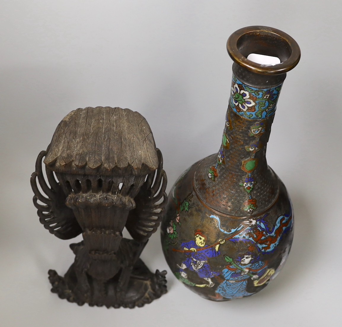 A large Japanese enamelled bronze vase and a Balinese wood carving. Tallest 44cm - Image 3 of 4