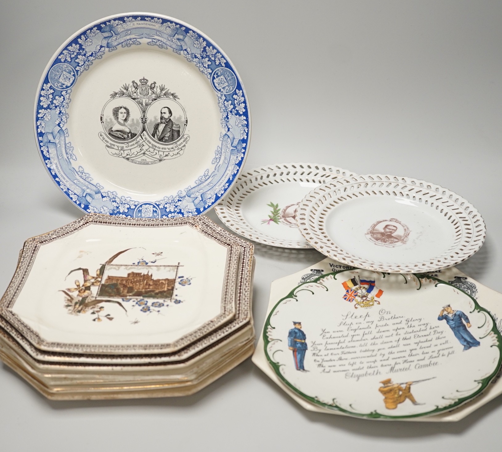 A collection of mostly late 19th and early 20th century commemorative plates, including eight