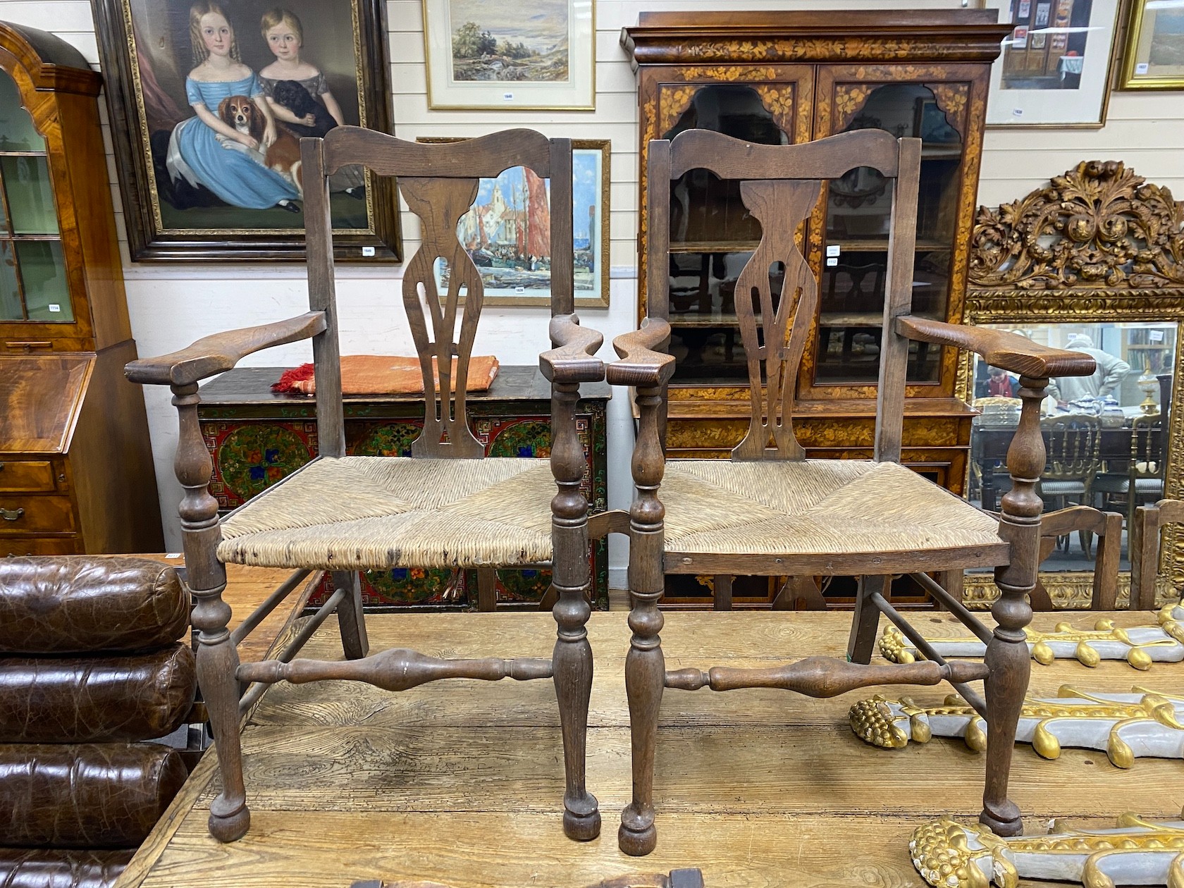 A 19th century elm plank topped kitchen dining table, on a beech underframe, the top, length - Image 2 of 4