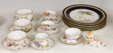 A group of Dresden floral cups and saucers, and five jewelled cabinet plates, etc.