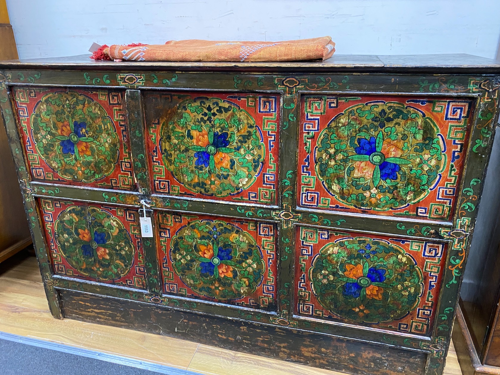 A 19th century Tibetan painted side cabinet, width 145cm, depth 52cm, height 96cm - Image 2 of 2