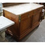An early 20th century French marble topped mirrored back side cabinet, width 126cm, depth 58cm,