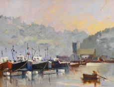 Charles Smith FRSA (1913-2003) (Wapping Group), oil on canvas board, Fishing boats in harbour,