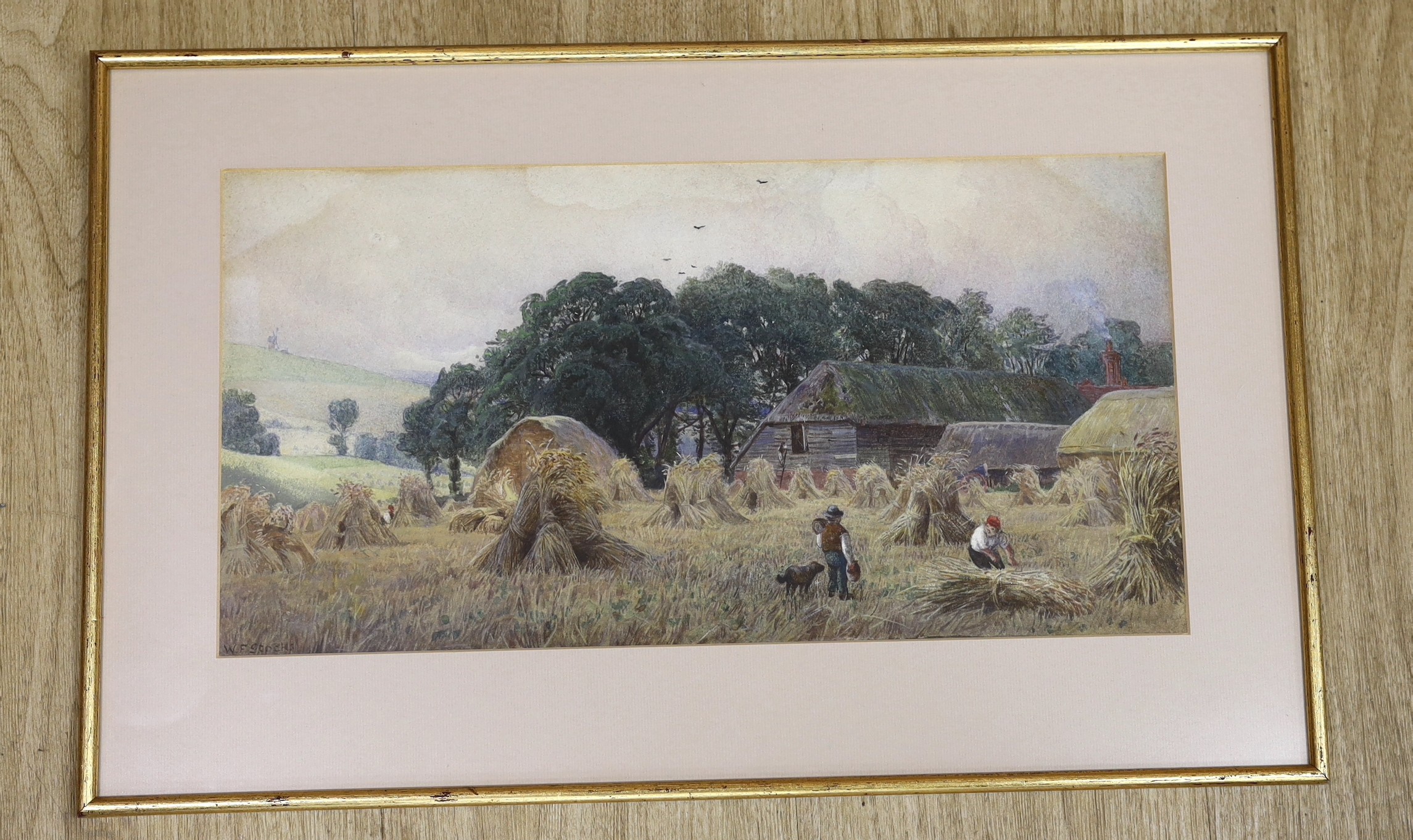 Walter Fryer Stocks (1842–1915), watercolour, Harvest scene, signed, 21 x 42cm - Image 2 of 3