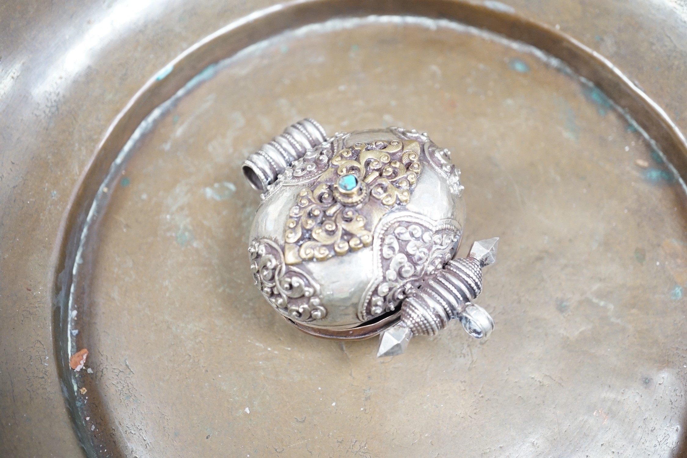 A Tibetan copper bowl and Gau, largest 28cm diameter - Image 3 of 4