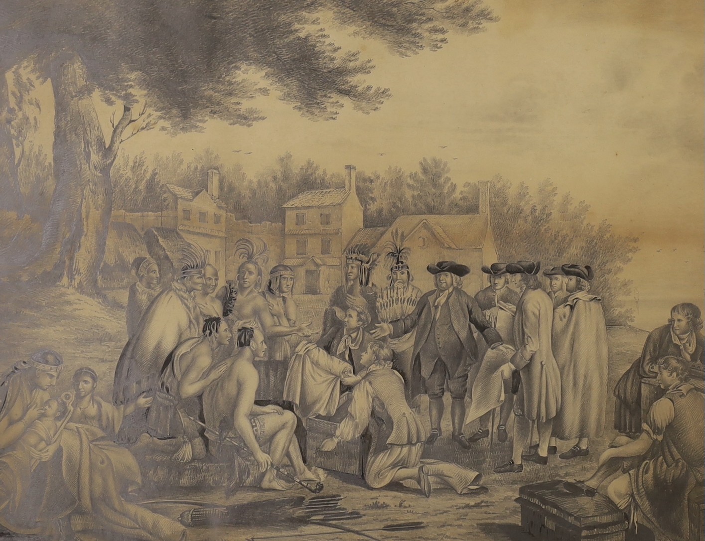 After Benjamin West, pencil drawing, Penn's Treaty with the Indians, 41 x 53cm
