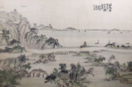 A large Chinese painted silk landscape, signed, 121x181cm