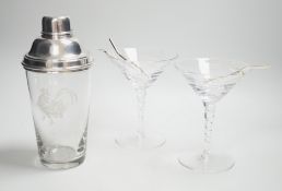 A silver plated cockerel cocktail shaker together with silver stirrers and glasses