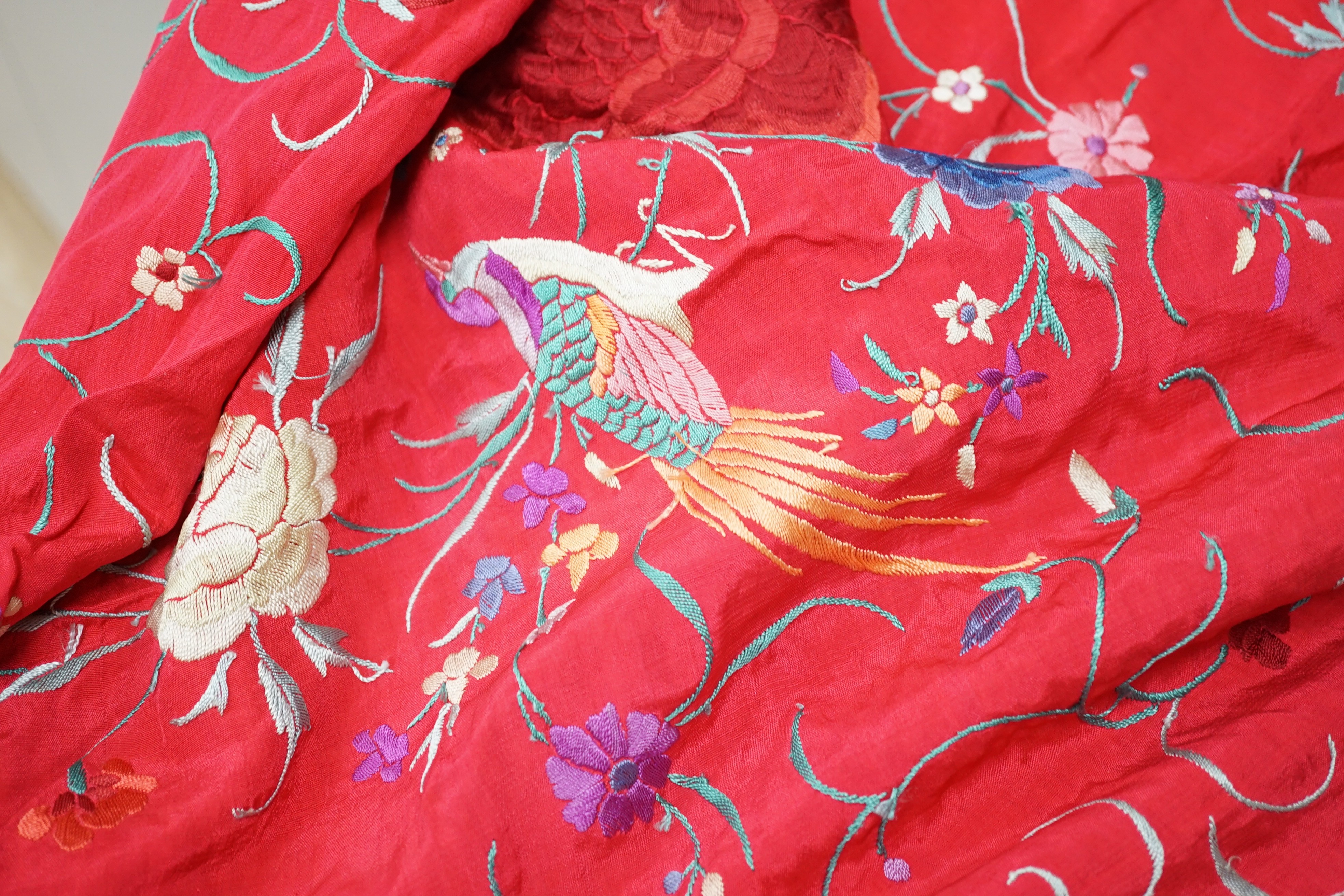 An early 20th century Chinese red silk fringed shawl, with multicoloured polychrome embroidery, - Image 4 of 5